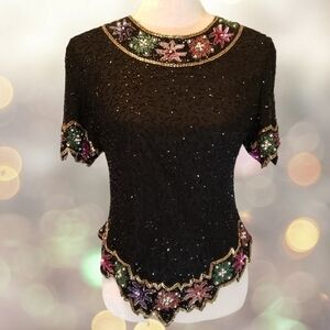 Vintage Laurence Kazar Silk Beaded Sequin & Pearl Top PM VGUC